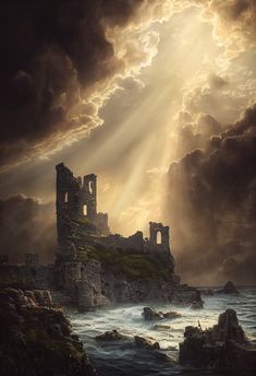 an image of a castle in the middle of the ocean with sun rays coming through clouds