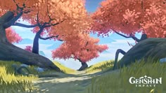 an animated landscape with trees and grass