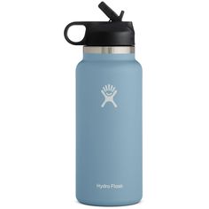 the hydro flask water bottle is shown in blue and has a black cap on it