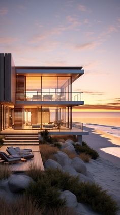 a modern house on the beach at sunset