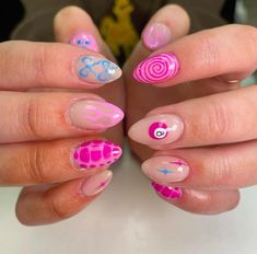 pink trending 8ball bow nail inspo Fun Summer Almond Nails, Nails With Cool Designs, Tsitp Nails, Cute Funky Nails Summer, Pink Funky Nails, Fun Nails Designs, Complicated Nail Designs, Hard Nail Designs, Bright Fun Nails