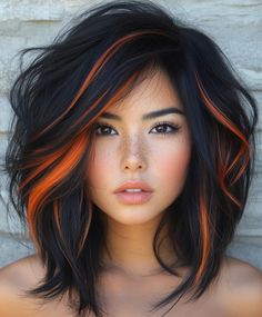 Why Tousled Waves with Fall Hair Colors are Perfect for You 🌿 Curtain Bangs With Color, Chunks Of Color In Hair, Dark Hair With Fun Colors, Black Hair Orange Money Piece, Cooper Highlights On Black Hair, Dark Hair With Pop Of Color, Underhair Color Dyed Hair, Short Hair Peekaboo Color, Black Hair With Peekaboo Color