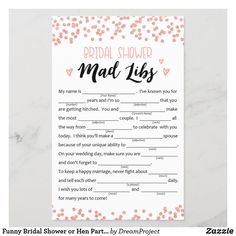 the bridal shower mad libs game with gold confetti