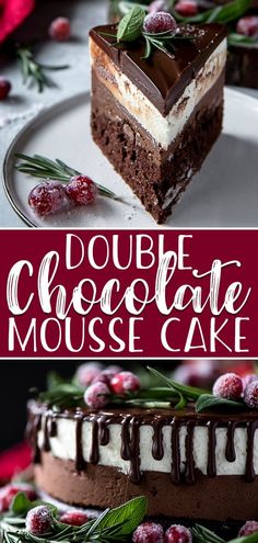 double chocolate mousse cake with cranberries and rosemary on the side, topped with whipped cream