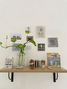 a wooden shelf topped with a vase filled with green plant next to pictures and figurines