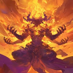 an image of a demon with fire coming out of his body and hands in the air