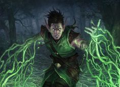 a man with green hair and an evil look on his face is surrounded by branches