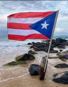 a flag on the beach with rocks and water in the background