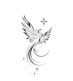 a black and white drawing of a bird with stars