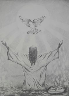 a drawing of jesus with his arms spread wide open and dove hovering above him in the sky