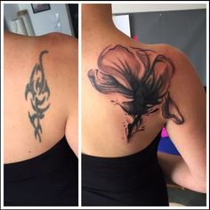 two pictures show the back of a woman's shoulder with tattoos on it