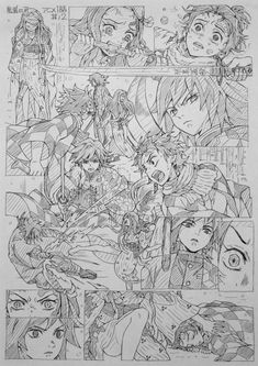 an image of some anime characters in black and white pencils, with different expressions