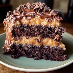 a piece of chocolate cake with frosting and caramel toppings on a plate