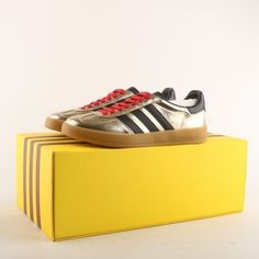 Adidas X Gucci Gazelle *Nwt* Color: Metallic Gold/ Gum Size: 10.0 Men's Style# 707847-Aaa2m-8043 Extra Laces In Red 2 Dust Bags For Each Shoe Authentic Gucci **I Have The Receipt Confirming Authentic Purchase** ***This Price Is Firm*** Designer Patent Leather Sneakers With Round Toe, Designer Custom Sneakers With Branded Insole, Designer Patent Leather Sneakers With Red Sole, Adidas X Gucci, Shoes Adidas, Adidas X, Men's Style, Metallic Gold, Adidas Shoes