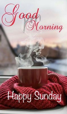 a cup of coffee sitting on top of a red blanket with the words good morning happy sunday