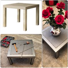 a table that has some flowers on it and two pictures of the same table with roses in them