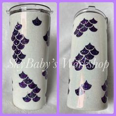 the tumbler is decorated with purple and silver glitters