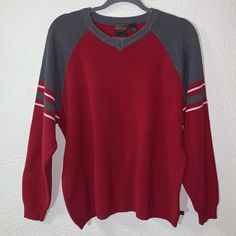 Rare True Vintage Vans Mens Or Women’s (I Honestly Think This Was Mens) But I’d Wear Red Grey White Striped Arms V-Neck Sweater Sz Large Mens Vintage Sizing Unisex 100% Cotton Thick And Warm Very Stylish From The 90’s I Think! I’ve Held Onto This For Sooo Long But Now It Needs To Go To A New Amazing Home And Be Worn! Amazing Condition. Makes A Great Christmas Gift For A Vintage Lover It’s For A Nice Skater Style Mixed With Preppy This Is Definitely Great For A Washington State University Cougars Fan, Wsu Student, Wsu Alumni (Like Me ) Or Anyone Whose Got Crimson And Grey School Colors Or A Sports Team They Love! Go Cougs! Bundle For A Large Disco Skater Sweater, How To Style A V Neck Sweater, Retro Long Sleeve V-neck Sweater For Winter, Red V-neck Sweater For Fall, Vans Sweater, Red Vintage Crew Sweater, Winter Striped Long Sleeve V-neck Sweater, Classic Red V-neck Sweater, Oversized Striped Sweater