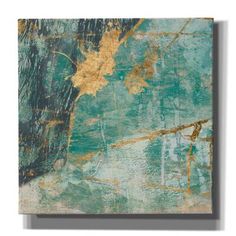 an abstract painting with gold and green colors