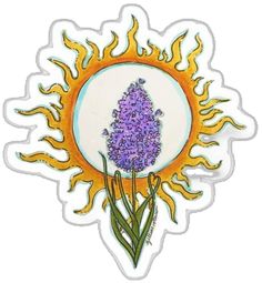 a sticker with a purple flower in the center and yellow flames coming out of it