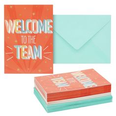 a card and envelope with the words welcome to the team written on it in bright colors