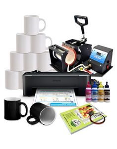 the printer is next to several cups and other items