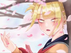 an anime character with blonde hair and blue eyes standing in front of cherry blossom trees