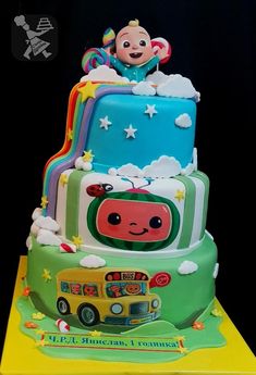 a three tiered cake with an image of a baby on top