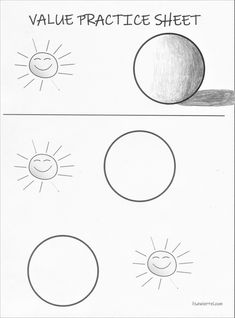 three circles with faces and the words value practice sheet written in black ink on white paper