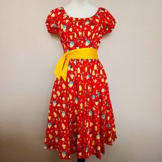 Rare Disney Parks Exclusive Dole Whip Dress Size Adult Medium Dress Is In Excellent Used Condition (Has Only Been Tried On, Never Worn Or Washed) Falls At The Knee Or Below The Knee Depending On How Tall You Are Cute Dole Whip Print Comes With Detachable Belt Back Zip Fun Fitted Red Dress, Playful Fitted Red Dress, Fitted Disney Dresses For Spring, Fun Red Cotton Dress, Disney Style Short Sleeve Spring Dresses, Fitted Disney Dress For Summer, Fitted Yellow Playful Dress, Playful Yellow Short Sleeve Dress, Spring Disney Short Sleeve Dresses