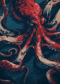 an octopus with red and white paint on it's body