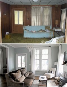 before and after pictures of a living room with couches, windows, rugs and curtains