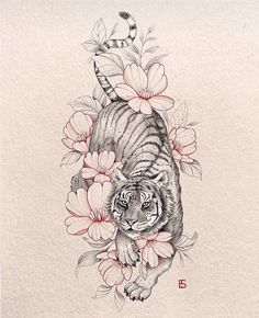 a drawing of a tiger surrounded by flowers