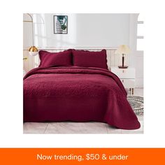 a bed with red bedspread and pillows on it in a white room next to a lamp