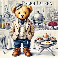 a painting of a teddy bear dressed up as a waiter in front of a breakfast table