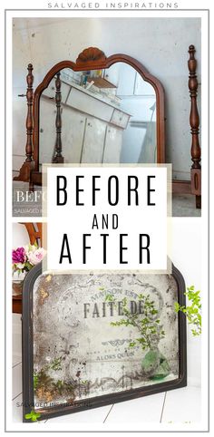 an old mirror with the words before and after on it in front of a white background