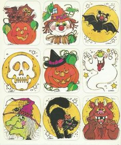 an assortment of halloween stickers with pumpkins and witches