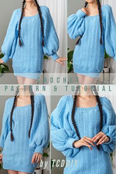 four photos of a woman wearing a blue sweater with braids on her hair and in the process of crocheting