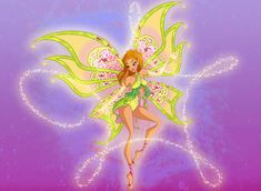 a beautiful fairy with wings and flowers on her body is flying through the air in front of a purple background