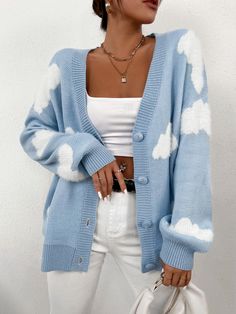 Baby Blue Casual  Long Sleeve Acrylic Graphic Cardigan Embellished Slight Stretch Fall/Winter Women Knitwear Drop Shoulder Cardigan, Cardigan Casual, Style Advice, Patterned Cardigans, Cardigan Outfits, Casual Cardigans, White Clouds, Blue Cardigan, Really Cute Outfits