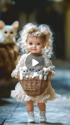 a doll holding a basket with poodles in it and another stuffed animal behind her