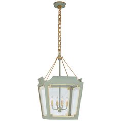 a light fixture with three lights hanging from it's center and chain around the bottom