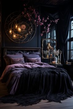 a bedroom with black walls, purple bedding and decorative lights hanging from the ceiling