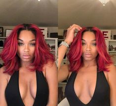 Red Bob Dark Roots Black Women, Red Hair Black Roots, Red Hair With Black Roots, Red Hair With Black, Hair With Black Roots, Red Bob, Eyebrow Makeup Tutorial