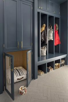 a room with blue cabinets and shoes in it