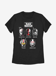 100% CottonWash cold; dry lowImportedListed in women's sizes Bad Batch Helmet, Star Wars The Bad Batch, The Bad Batch, Star Wars Outfits, Her Universe, Bad Batch, Womens T Shirt, The Bad, Pop Culture