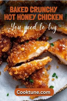 baked crunchy hot honey chicken on a plate with the words you need to try