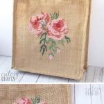 two pictures of pink flowers on burlocked bags, one with red roses and the other with green leaves