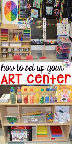 an art center with lots of crafting supplies on the shelves and in front of it is a sign that says how to set up your art center