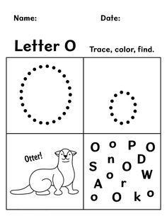 the letter o worksheet is shown in black and white with an image of a dog